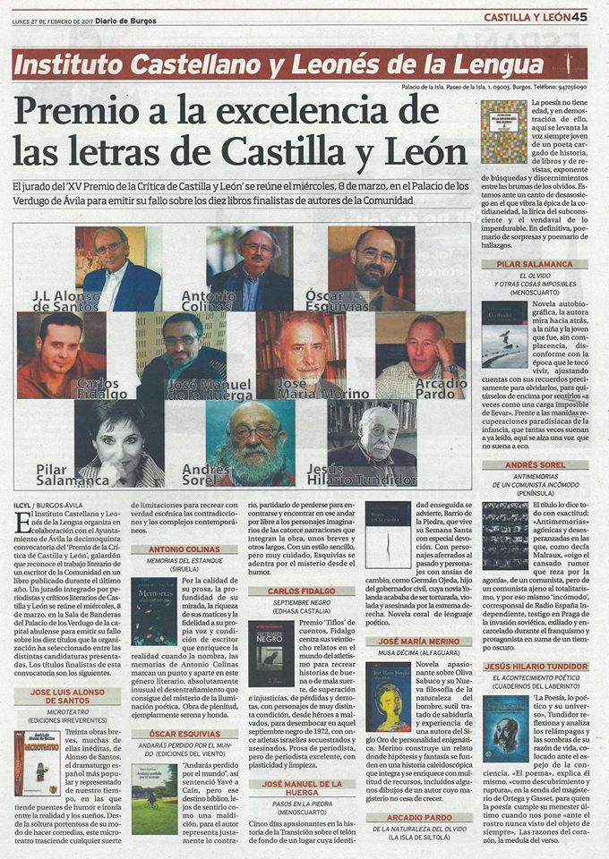 Jesús Hilario Tundidor: Finalista al Premio a la excelencia de las letras de Castilla y Leon