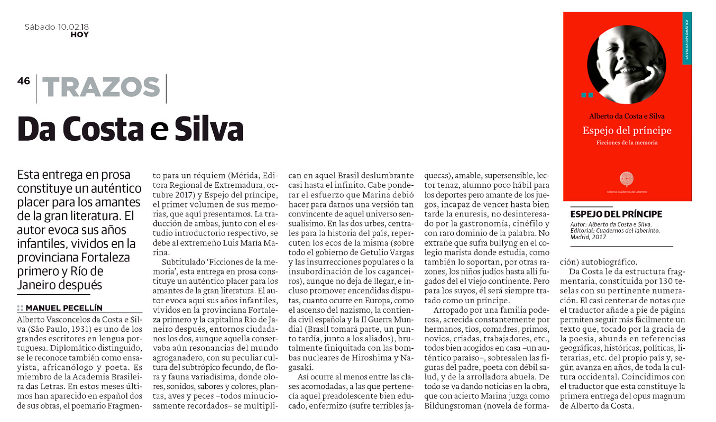 "Espejo del príncipe. Ficciones de la memoria", de Alberto da Costa e Silva en el periódico Hoy"Espejo del príncipe. Ficciones de la memoria", de Alberto da Costa e Silva en el periódico Hoy